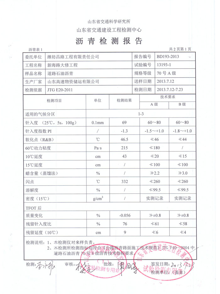 瀝青檢測報告
